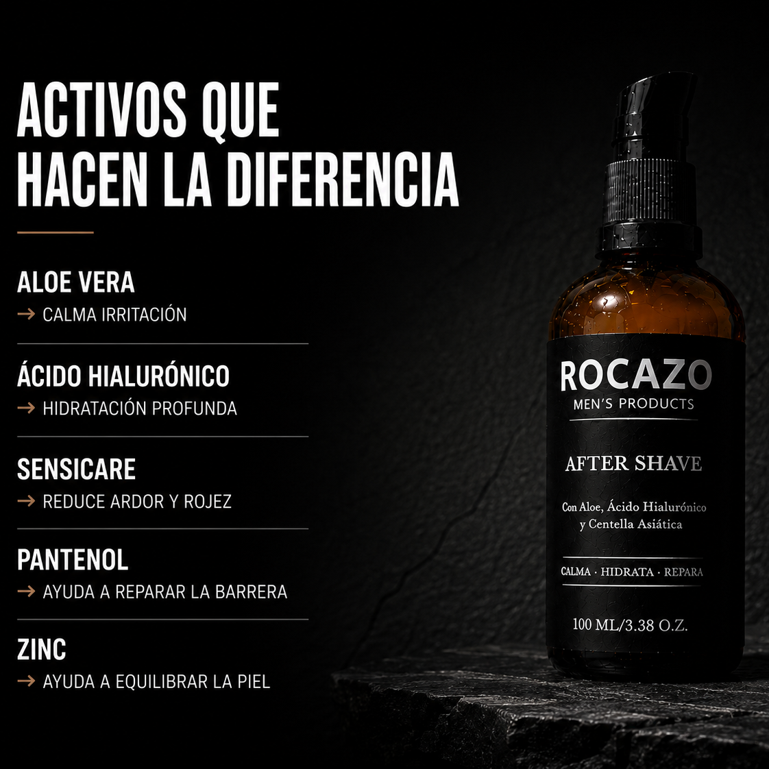 After Shave ROCAZO con ácido hialurónico y centella asiática para piel masculina