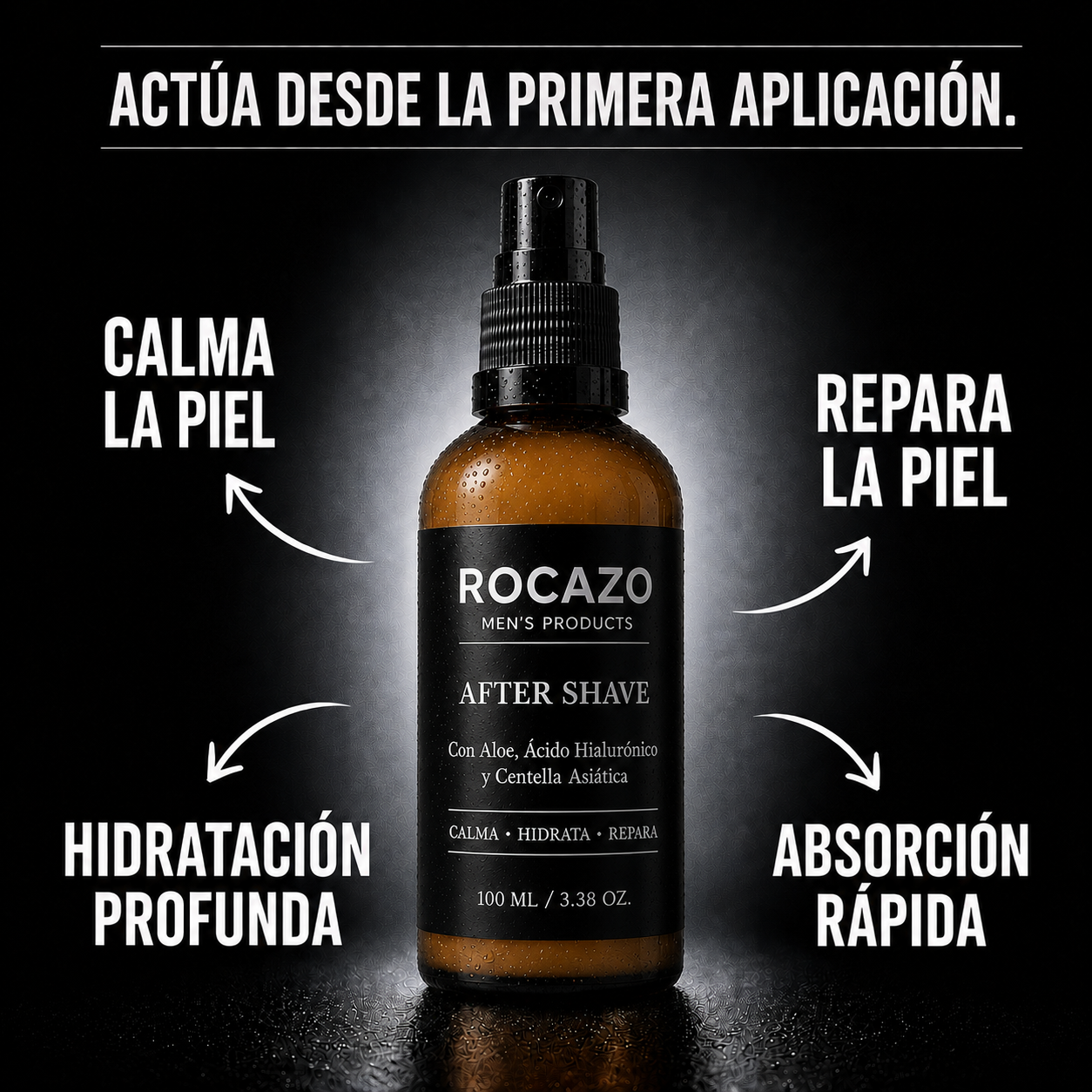 Frasco After Shave ROCAZO con etiqueta blanca - dermocosmética masculina premium